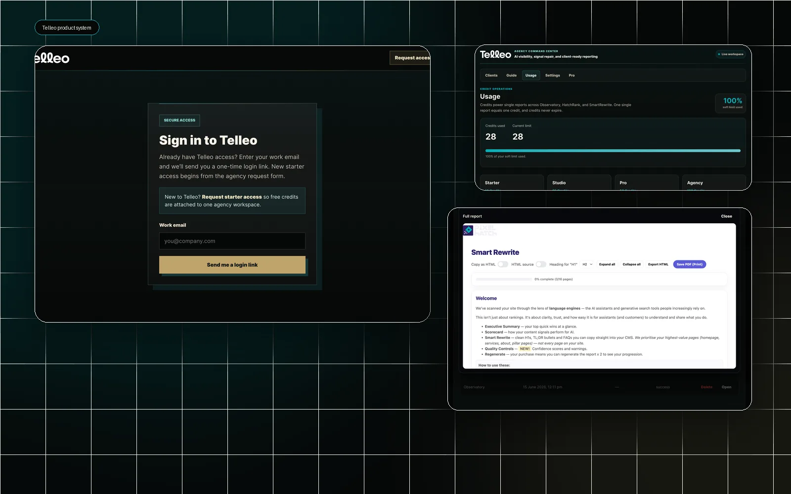 Telleo portfolio composite showing the sign-in, usage and reporting product views.