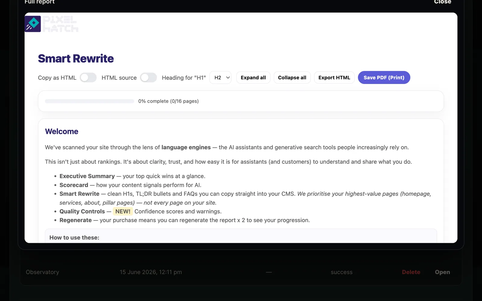 Telleo report and SmartRewrite screen.