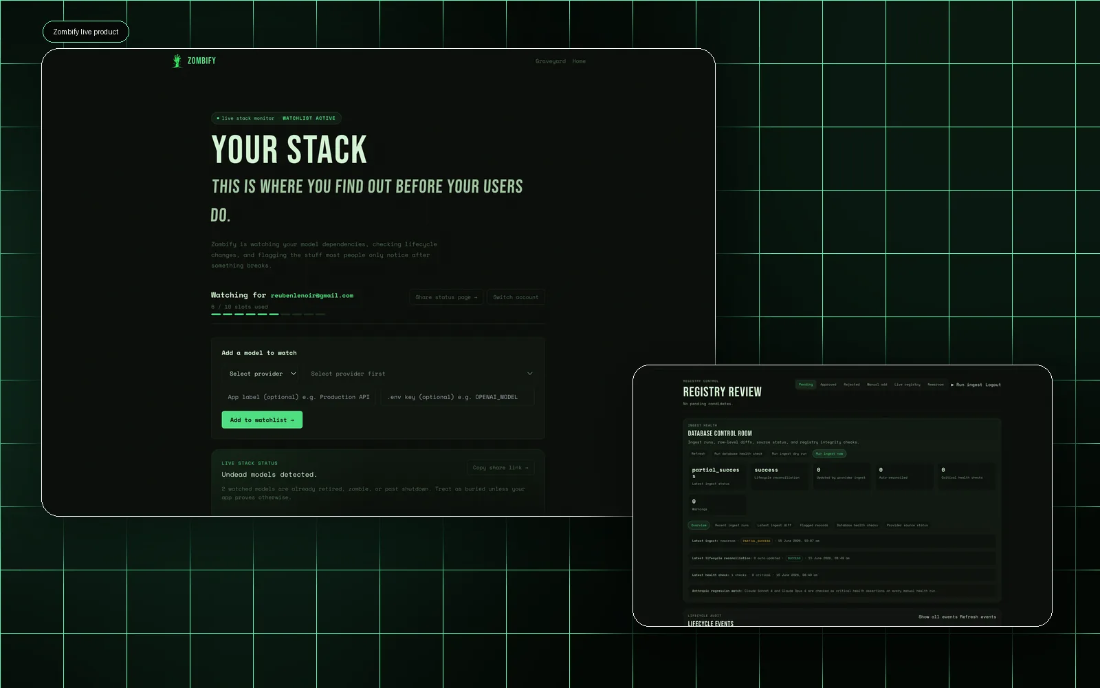 Zombify portfolio composite showing the live stack dashboard and registry control room.
